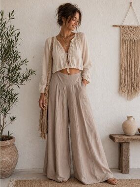Boho Beige Wide Leg Pants | Flowy Bohemian Lounge Pants In Size Large NWT
